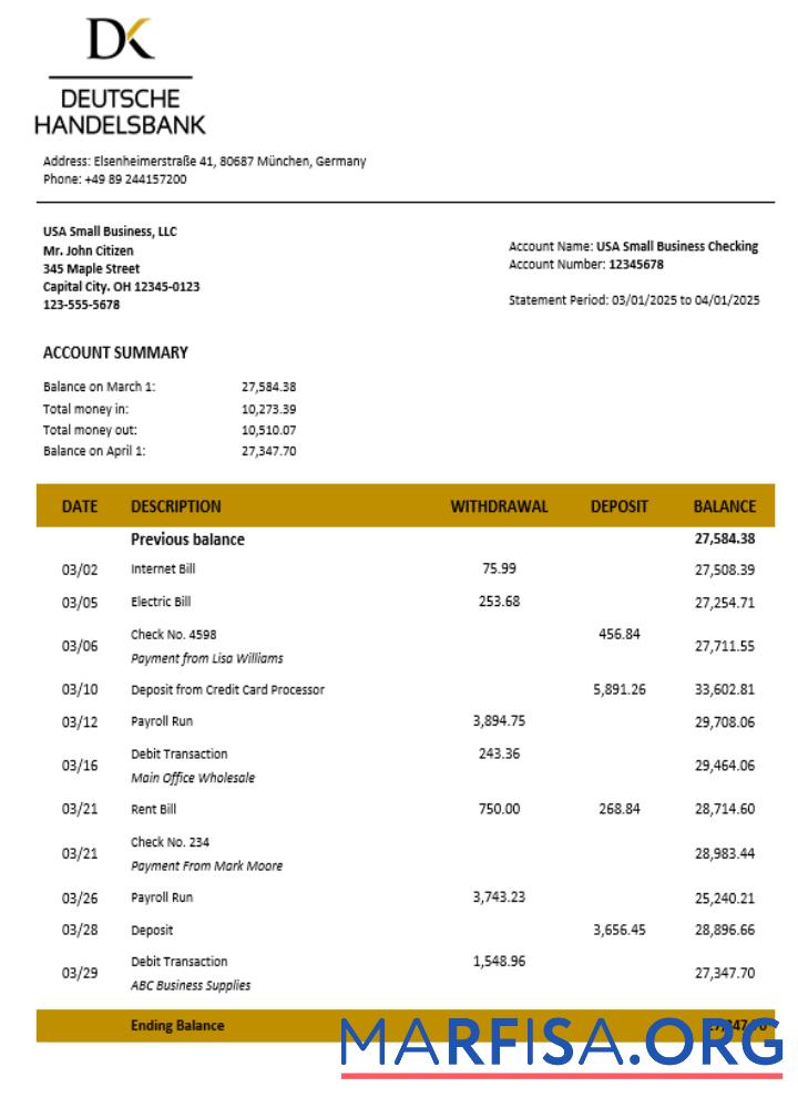 Downloadable Deutsche Handelsbank firm account statement Word and PDF format download for verification